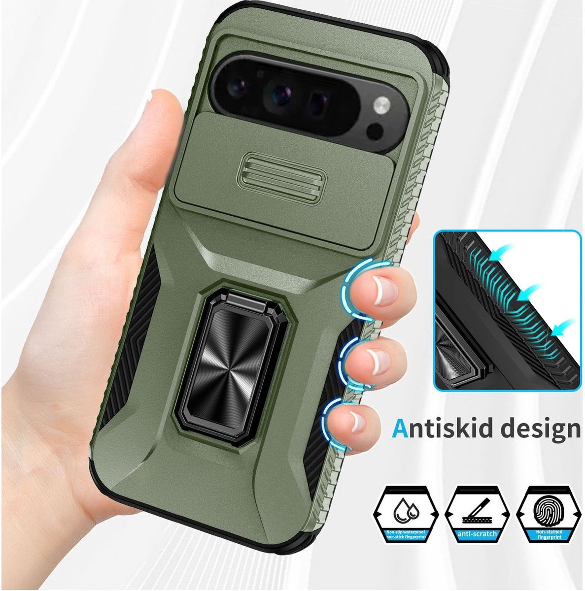 Mobigear Hoesje geschikt voor Google Pixel 9 Pro XL Telefoonhoesje Hardcase | Mobigear Armor Ring Cam Slide Backcover Shockproof met Ringhouder en Camera Slider | Schokbestendig Pixel 9 Pro XL Telefoonhoesje | Anti Shock Proof - Groen