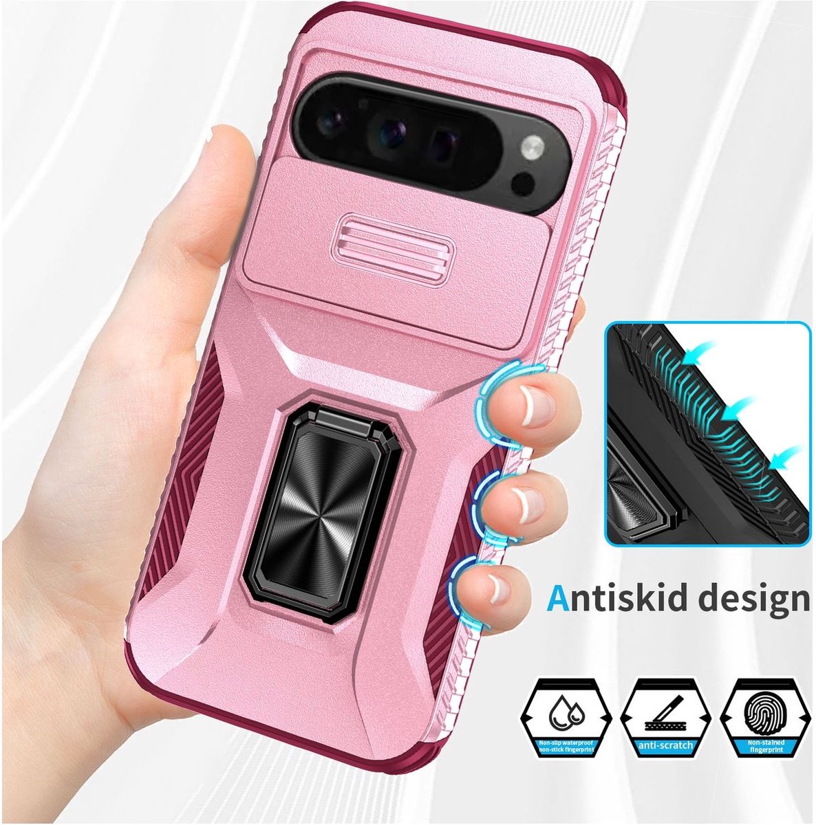 Mobigear Hoesje geschikt voor Google Pixel 9 Pro XL Telefoonhoesje Hardcase | Mobigear Armor Ring Cam Slide Backcover Shockproof met Ringhouder en Camera Slider | Schokbestendig Pixel 9 Pro XL Telefoonhoesje | Anti Shock Proof - Roze