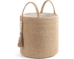 Geweven opbergmand - natuurlijke touwmand met houten kralen - voor dekens en speelgoed - woondecoratie - plantenorganizer met handgrepen