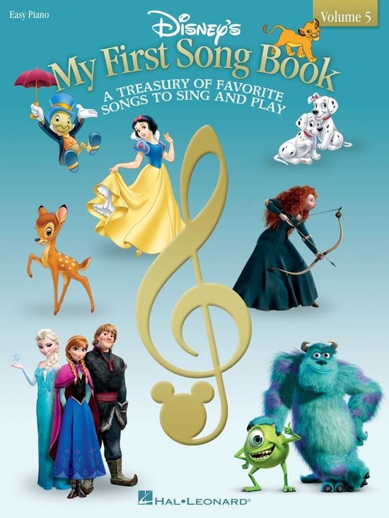 La couverture du "My First Song Book" de Disney Volume 5, avec les personnages Disney Bambi, Blanche-Neige, Elsa, Anna, Kristoff, Mérida, Jiminy Cricket, 101 Dalmatiens et Sully & Mike.