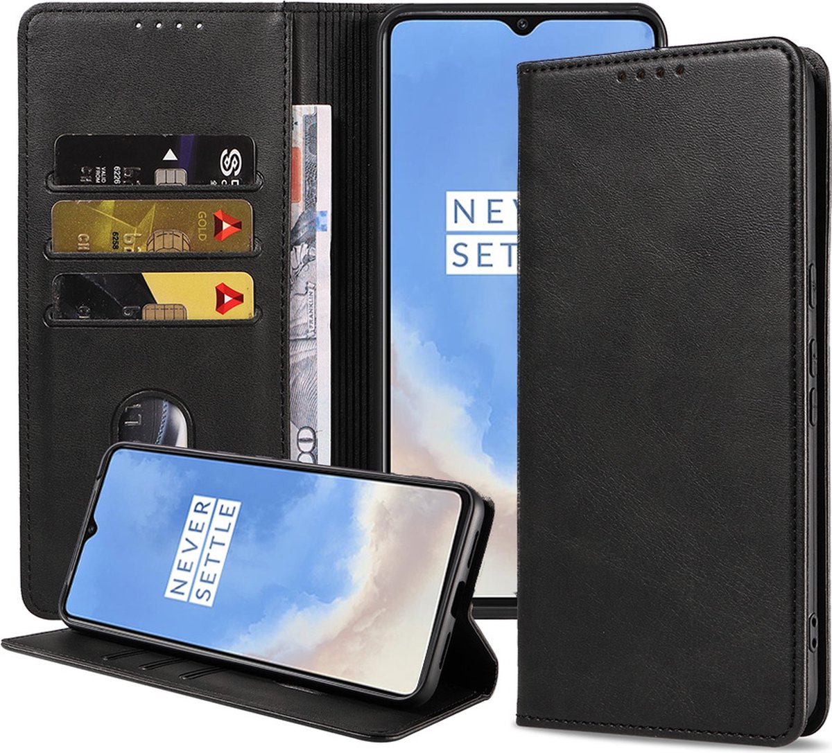 Smartphonica Telefoonhoesje geschikt voor OnePlus 7T kunstleren Hoesje met Magnetische sluiting en Pasjeshouders Book Case met Klepje - Zwart geschikt voor OnePlus 7T