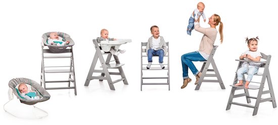 Een overzicht van de kinderstoel in verschillende opstellingen, met baby's en een moeder.