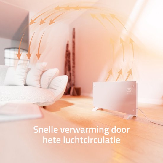 Animatie van hete luchtcirculatie rond een witte glazen convectorverwarming in een woonkamer, "Snelle verwarming door hete luchtcirculatie".