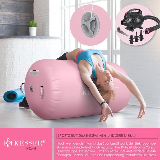 Opblaasbare Gymnastiekrol 100 x 60 cm - Inclusief Elektrische Luchtpomp en Draagtas - Tumbling, Yoga en Fitness Rol - Roze — afbeelding 4