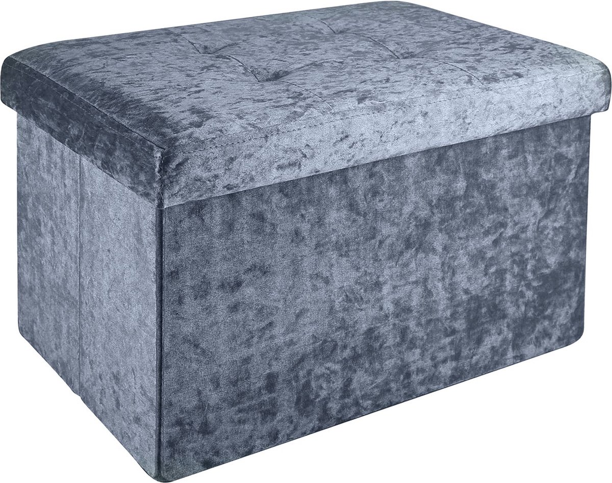 Intirilife Opvouwbare bank 49x30x30 cm in fluweelgrijs - Zitkubus met opbergruimte en deksel met fluwelen hoes - Zitkubus voetensteun opbergbox kist zitkruk