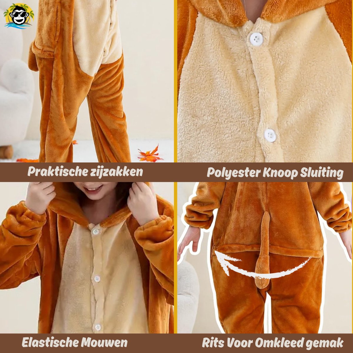 BoefieBoef Dieren Onesie Verkleedkleding Kinderen jaar – Comfortabele Kostuum Pyjama – tot 160 – Dierenpak voor Jongens en Meisjes – Feest, Carnaval of Dierenpak - Verkleedkleding - Halloween Dierenpak - Verjaardag Cadeau - Leeuw Bruin — afbeelding 5