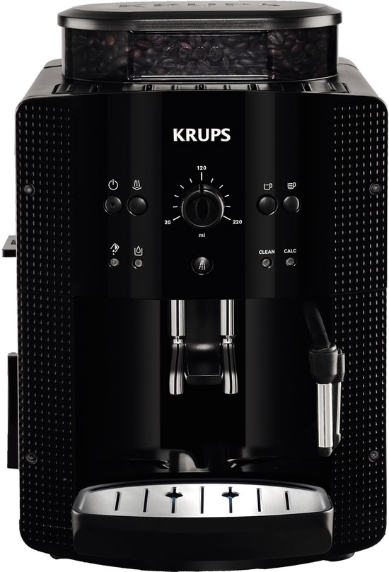Zwarte Krups volautomatische espressomachine met transparante bonenreservoir bovenop en draaiknop met aanduiding 'ml'.