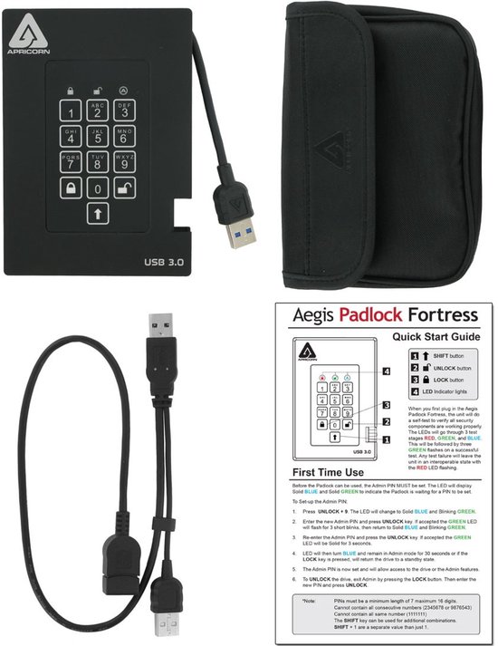 Apricorn Padlock Fortress - FIPS validated, 500GB USB 3.0 van Merkloos — afbeelding 2