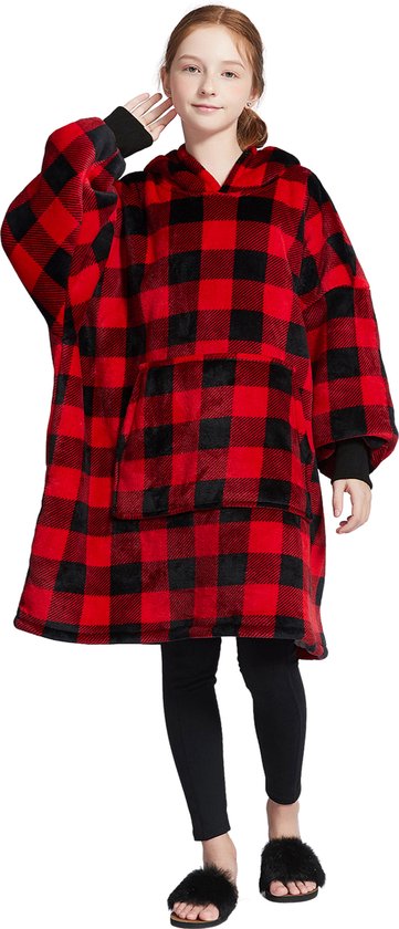 Noony Zwart en Rood Geblokte Hoodie Deken voor Kinderen - Kids - Fleece Deken met Mouwen - Hoodie Blanket - Jongens en Meisjes - Hoodie Deken met Capuchon - Huggle Hoodie - Ultra Zachte Fleece - Sinterklaas en Kerst Cadeau