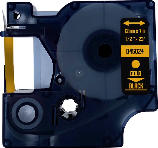 Zwarte labelcassette met goudkleurige tape, 12 mm x 7 m. Aangegeven als GOLD BLACK.