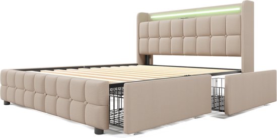 Merax Lit Double Queensize 160x200cm Comprenant Matras en Mousse Froide et 4 Tiroirs - Lit Rembourré avec Fonction de Chargement USB et LED- Siècle des Lumières - Beige