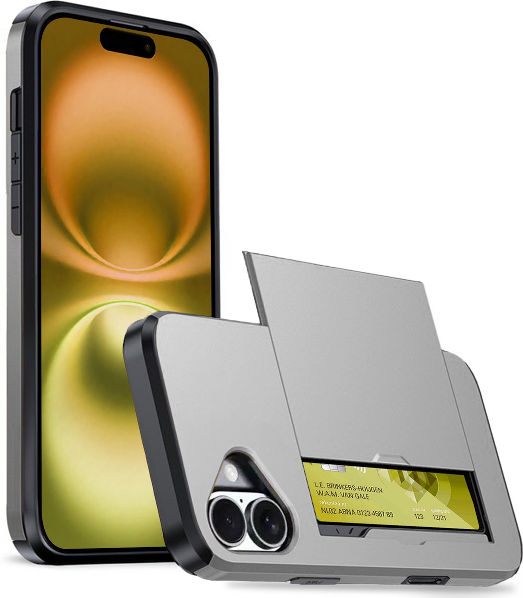 Hoesje Geschikt voor iPhone 16 Hoesje Case Pashouder Hard Cover - Hoes Geschikt voor iPhone 16 Hoesje Met Kaarthouder - Grijs