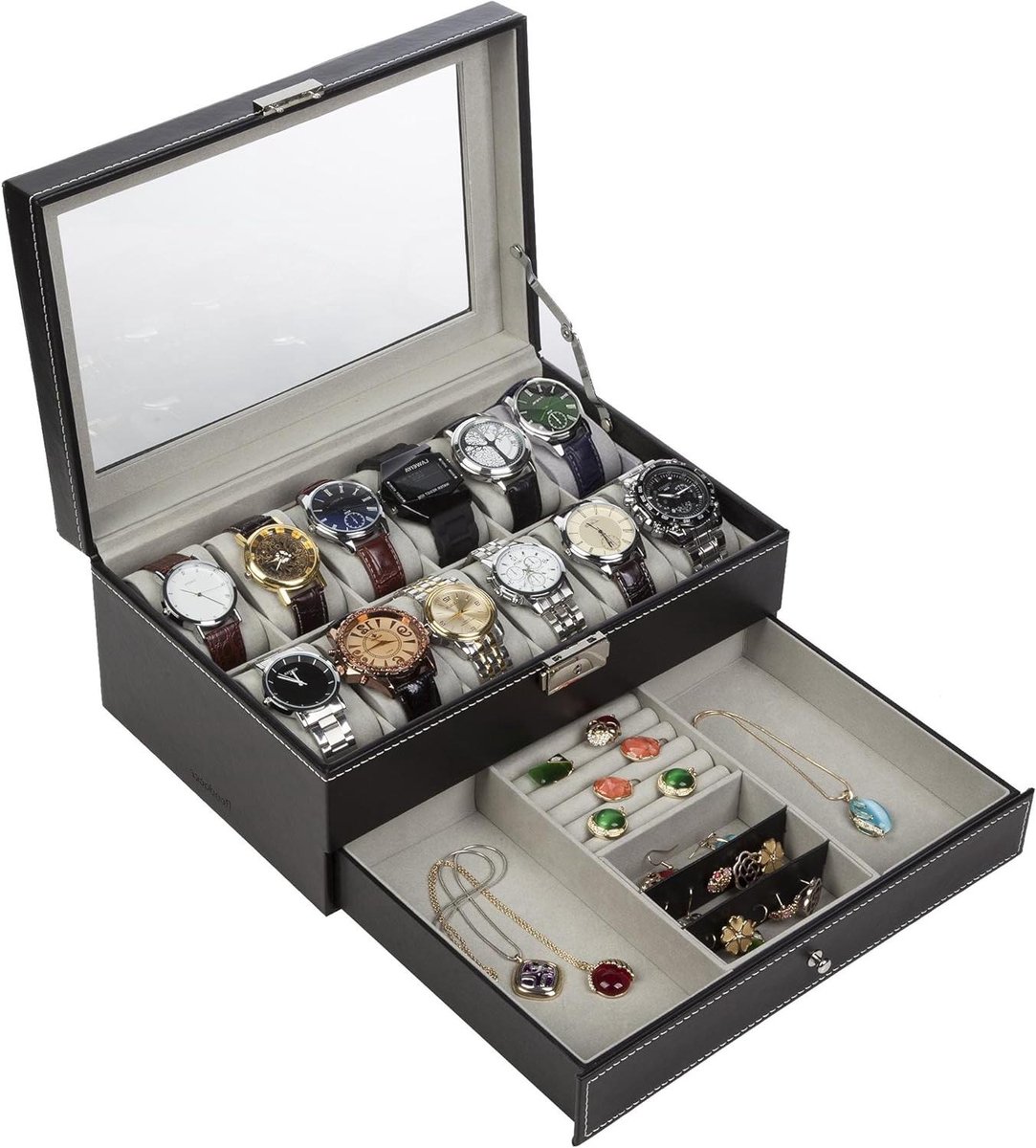 Opbergdoos voor horloges met glazen deksel van zwart PU-leer - luxe en stevig
