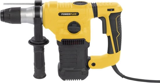 Gele Powerplus klopboormachine met zwarte elementen en een verstelbare voorste handgreep.