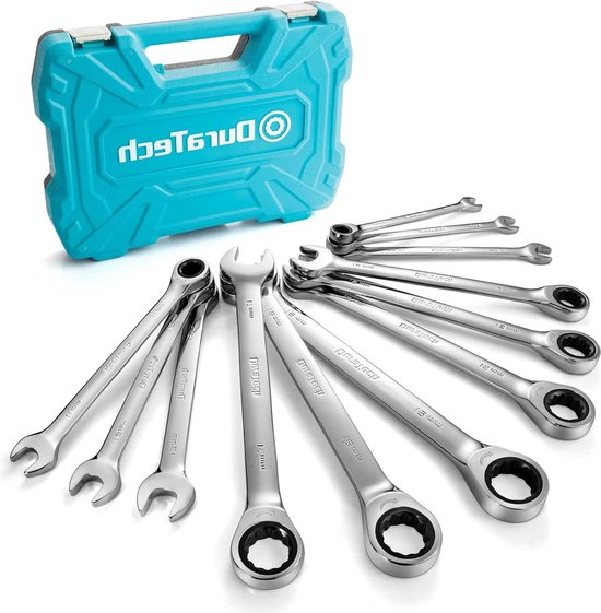 DURATECH 4-in-1 Omkeerbare ratelsleutelset, dubbele ring ratelsleutelset, 2- delig, metrisch, 8, 10, 12, 13 & 14, 15, 17, 19 mm, met rolzakje