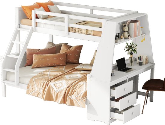 Lit Superposé Enfant 90x200 Et 140x200 - Avec Armoire à Chaussures Et Rangement - Métal Blanc, Barrières Sécurité