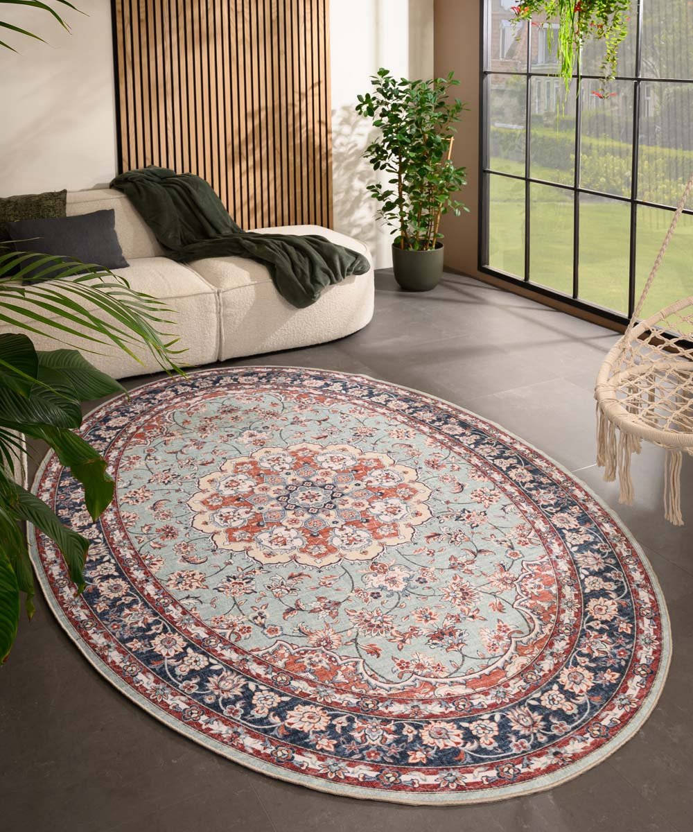 Buitenkleed ovaal Vintage - Valenca Nova saliegroen/rood 120x160 cm