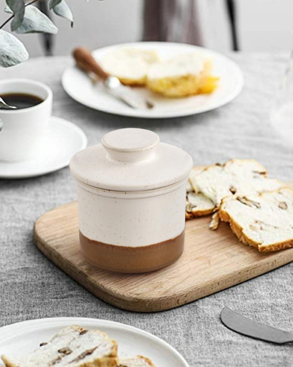 Keramische Botervloot met Deksel, Waterlijn en Botermes - Porselein voor 5,5 oz Boter (Wit, 1