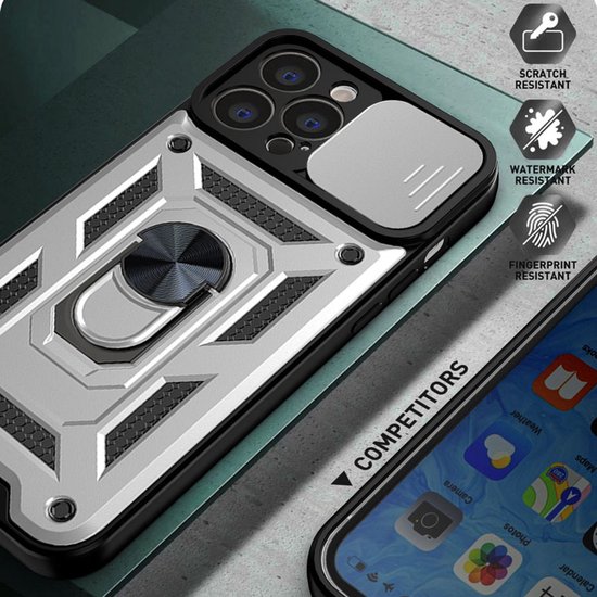 Étui avec protecteur d'écran de confidentialité adapté à iPhone 15 Pro Max avec support d'anneau et curseur d'appareil photo - Coque arrière Arara - Argent