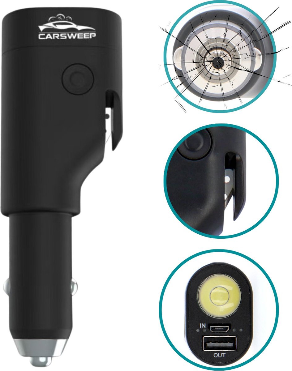 Carsweep® Veiligheidshamer 5in1 - autohamer - gordelsnijder - zaklamp - powerbank