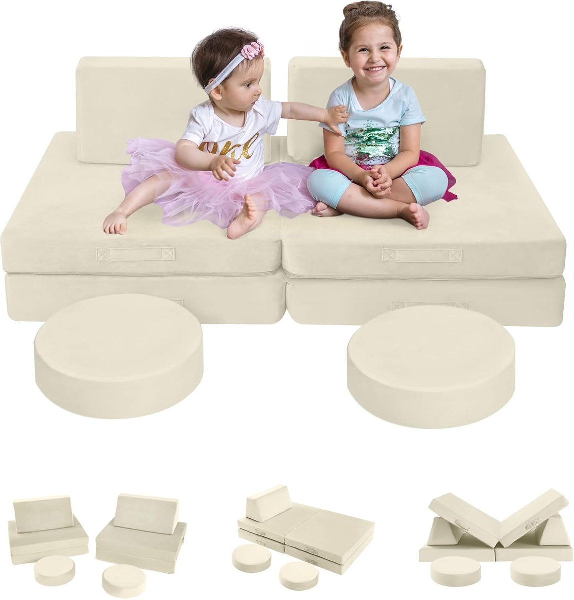 JGS® - Multifunctionele Kinder Speelbank, Modulaire Slaapfauteuil 8-delige Set Beige, Bank voor Kinderkamer en Speelhoek-