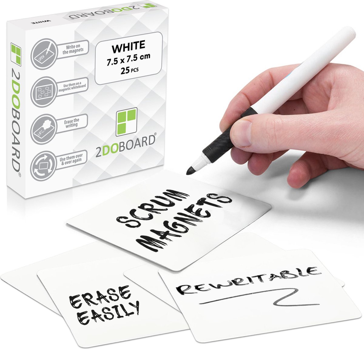 2DOBOARD Scrum Whiteboard Magneten 7,5 x 7,5 cm - 25 stuks - Wit - Herschrijfbare Magneten voor Kanban bord of Scrumbord - Beschrijfbare Magneten - Planbord Magneten Herschrijfbaar - Agile werken - Voor elk Dagstartbord of Scrum Board!