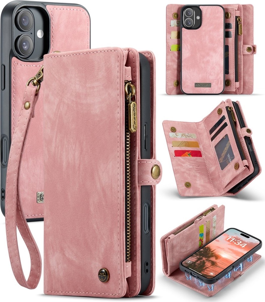 Caseme Geschikt voor iPhone 16 Plus hoesje - Vintage 2 in 1 portemonnee - Roze
