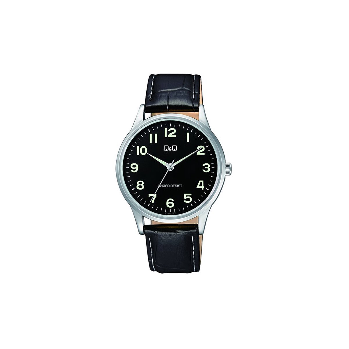 QQ C10A-012PY - Horloge - Analoog - Unisex - leren band - Rond - Metaal - Cijfers - Zwart - Zilverkleurig