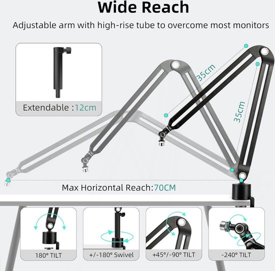 thumbnail: Microfoon Verlengbuis Arm Voor Statief - Aluminium Zwart, Verstelbaar