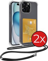 Coque adaptée pour iPhone 15 Pro avec cordon de téléphone et porte-cartes en Siliconen – Coque adaptée pour iPhone 15 Pro avec porte-cartes résistante aux chocs – Transparent – Lot de 2
