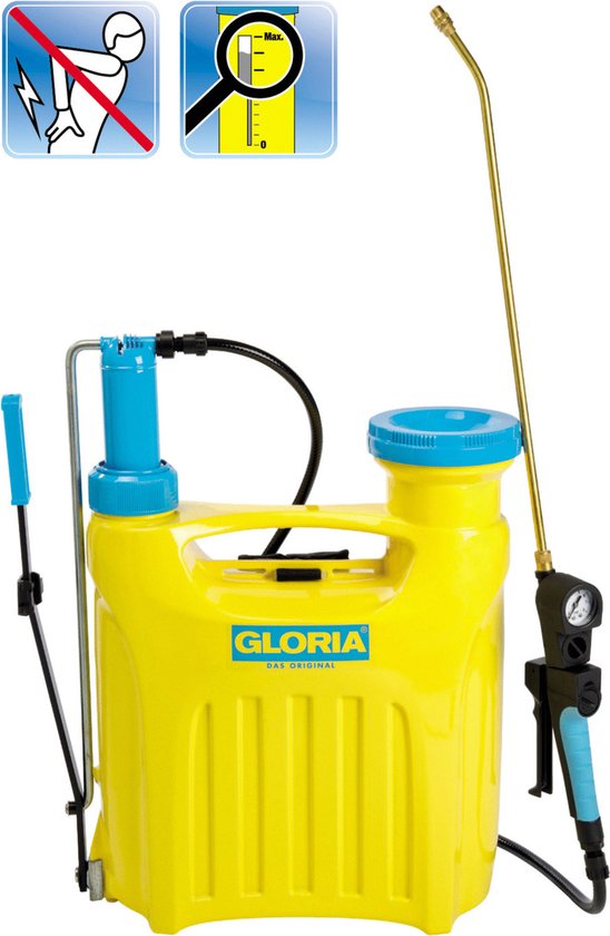 Gele rugzaksproeier met blauwe dopjes, "GLORIA DAS ORIGINAL" logo en messing spuitlans. Bevat pictogrammen.