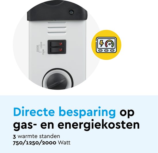 Detail van de witte convector kachel met schakelaars voor 750W, 1250W, 2000W en een thermostaat.