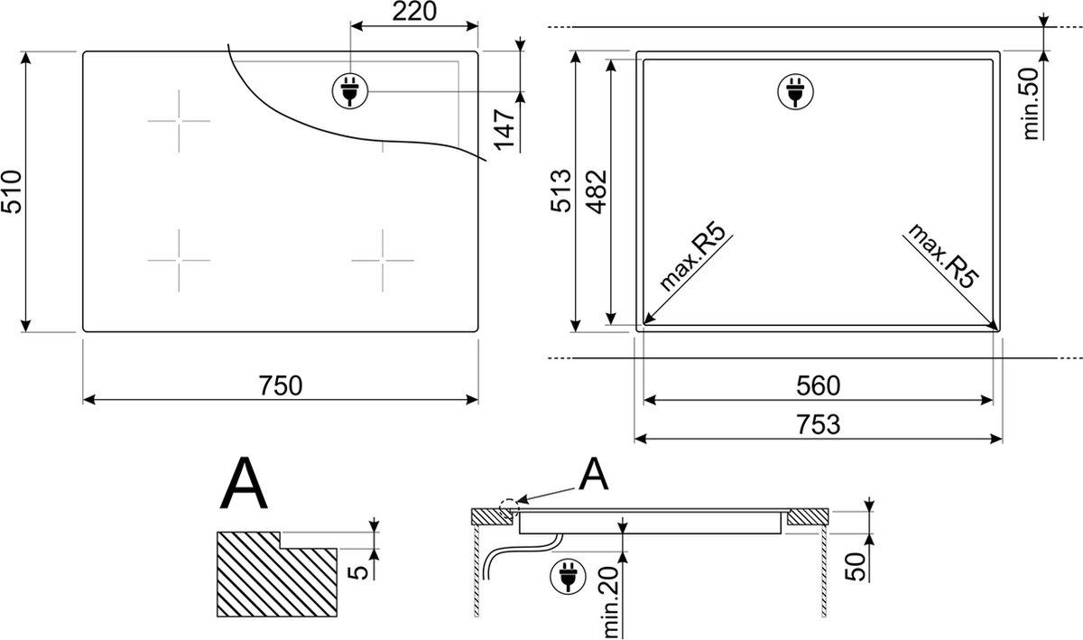 Smeg Universal SI1M4744D Zwart Ingebouwd 75 cm Inductiekookplaat zones Glaskeramiek 4 zone(s)