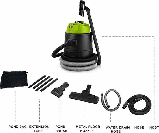 Zwarte vijverstofzuiger met groen deksel, inclusief accessoires met labels.