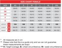 Maattabel voor vrouwen met maten XS tot XXL, inclusief lichaamslengte, borst- en tailleomvang in centimeters.