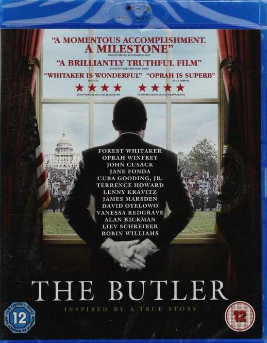 Blu-ray hoes van The Butler, de voorkant toont een man in smoking die voor een raam staat met uitzicht op het Witte Huis.