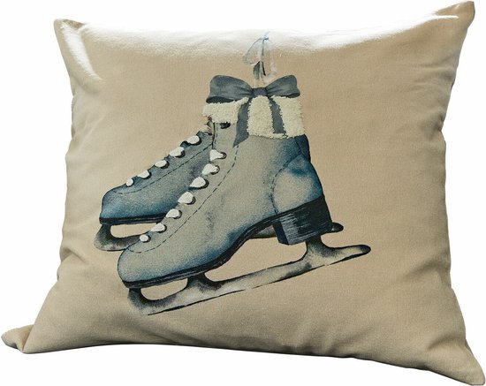 Housse de coussin en lin avec aquarelle de patins à glace bleus avec nœud gris et bordure en fourrure.