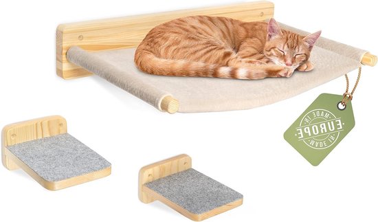 Hangmat voor katten met trap [stabiel en groot] krabpaal 2.0 | ladder met slaapgedeelte | bed van natuurlijk hout | 3-delig