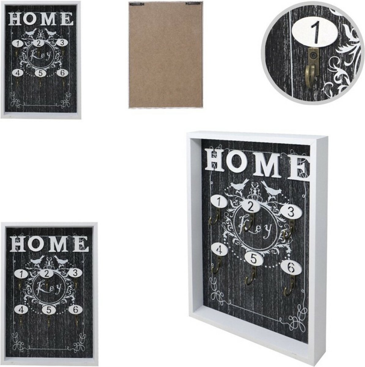 Concorde Sleutelkastje Homedesign - hout - zwart/wit - 30 x 20 cm - 6 sleutelhaakjes