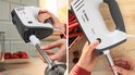 Bevestigen van de pureestamper aan de Bosch ErgoMixx handmixer, en een close-up van het aanzetten.