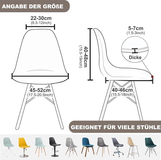 Afmetingen en illustraties van stoelen die geschikt zijn voor de hoezen, met een reeks stoelen in verschillende kleuren.