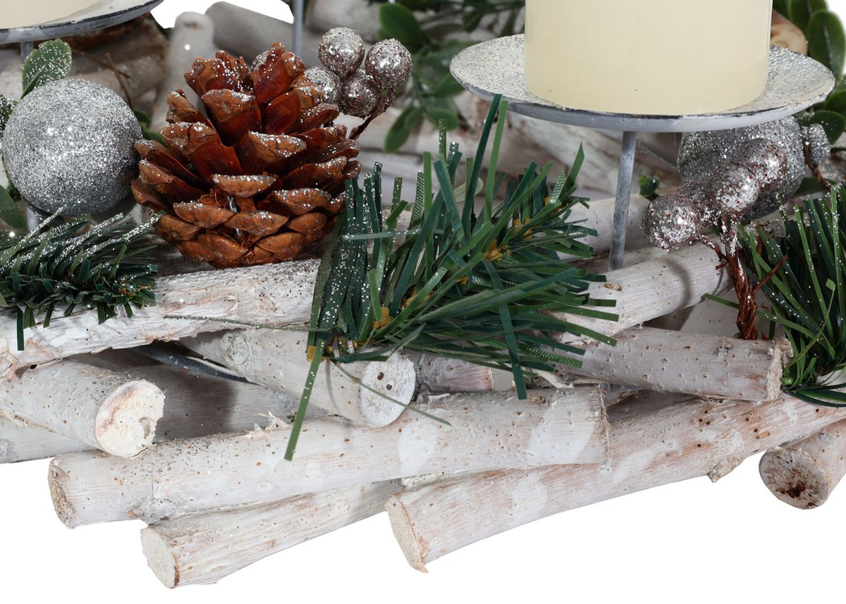 Adventskrans MCW-M12, adventsarrangement tafelkrans kerstdecoratie tafeldecoratie hout zilver wit Ø 30cm ~ met kaarsen – foto 6