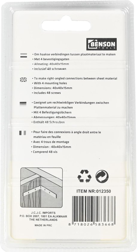 Achterkant verpakking Benson stoelhoeken. Instructies en specificaties in meerdere talen. Item nr: 012350.