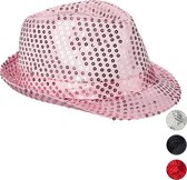 Relaxdays pailetten hoed - feesthoed glitter - partyhoed LED - fedora hoed - glitters - roze