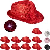 Relaxdays 10x pailletten hoed - feesthoed glitter - partyhoed LED - fedora hoed - rood