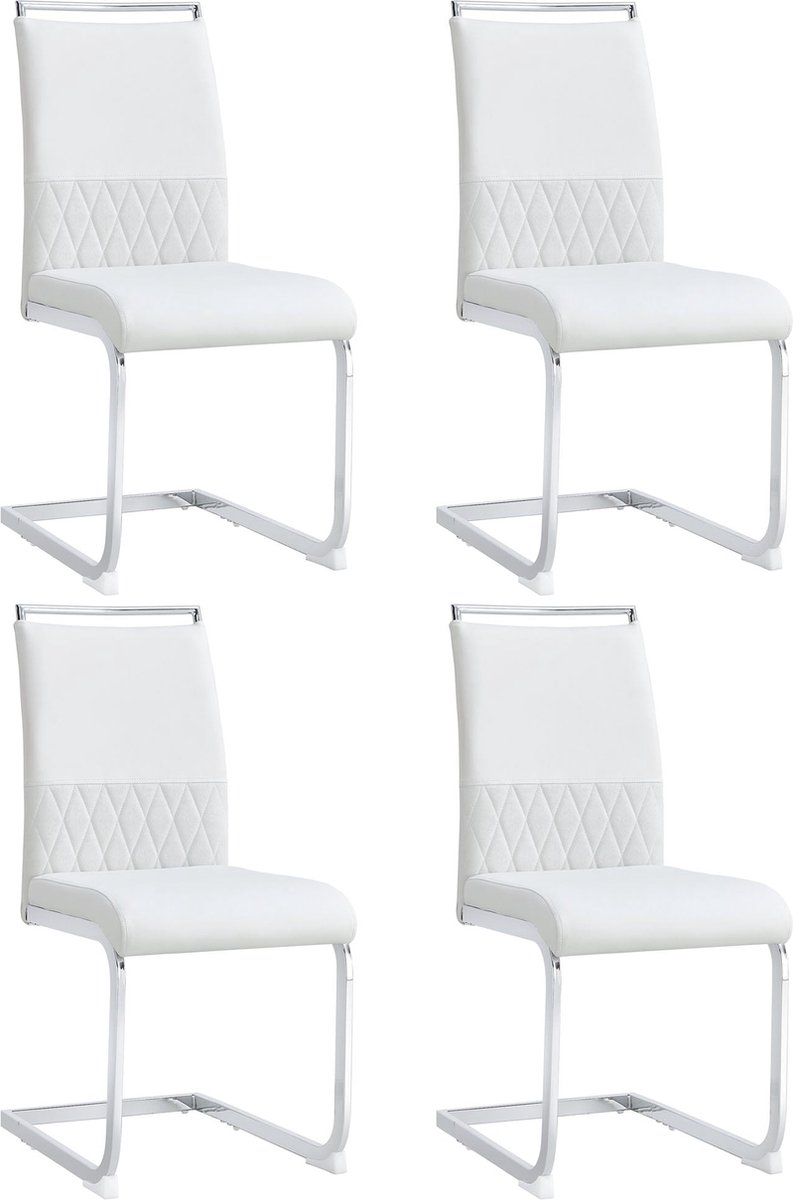 Merax Moderne Eetkamerstoelen Set van 4 – Stoelen met Hoge Rugleuning – PU Kunstleer en Linnen – Ergonomisch Ontwerp – Wit met Zilveren Poten