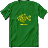 I Love Fishing - Vissen T-Shirt | Geel | Grappig Verjaardag Vis Hobby Cadeau Shirt | Dames - Heren - Unisex | Tshirt Hengelsport Kleding Kado - Donker Groen - L