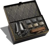 Everygoods Whiskey Glass Gift Set - 6 Handgemaakte Graniet Ronde Sipping Rocks - Crystal Tumbler Voor Whisky, Scotch, Bourbon Proeverij - Hardhout Presentatie Tray - Goud Folie Box