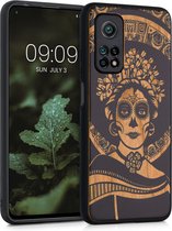 kwmobile telefoonhoesje compatibel met Xiaomi Mi 10T / Mi 10T Pro - Hoesje met bumper in lichtbruin / zwart - kersenhout - Diá de los Muertos design