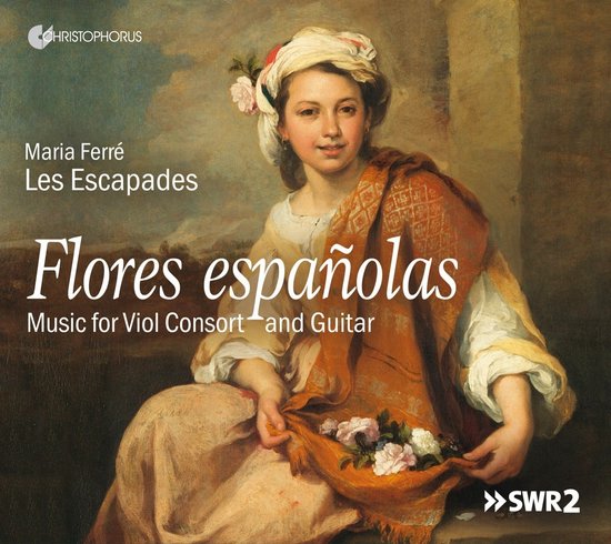 Albumhoes met een schilderij van een jonge vrouw in traditionele Spaanse kleding met een oranje sjaal en roze bloemen in haar haar en hand. Titel: Flores españolas. Artiest: Maria Ferré.